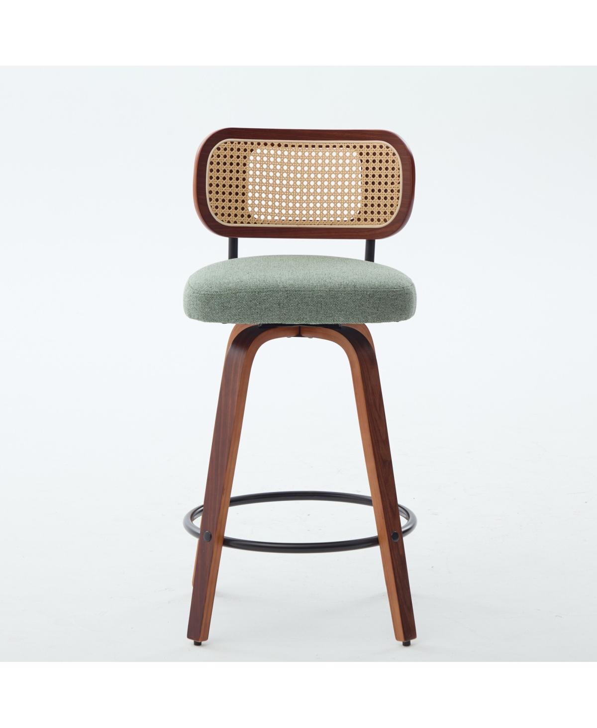 Streamdale Furniture Set of 3, 26-Inch Counter Height Bar Stools - Walnut Black, Cane Rattan, Green Linen Seat