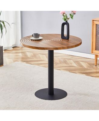Dark Wood Grain Round Dining Table - 31.5 Inch, Black Metal Stand.