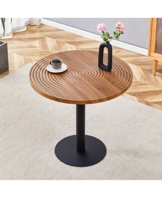 Dark Wood Grain Round Dining Table - 31.5 Inch, Black Metal Stand.