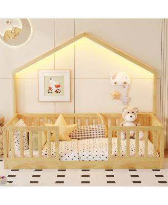  Twin Floor Bed with High Rails, Wooden Montessori Bed with Light for Kids
