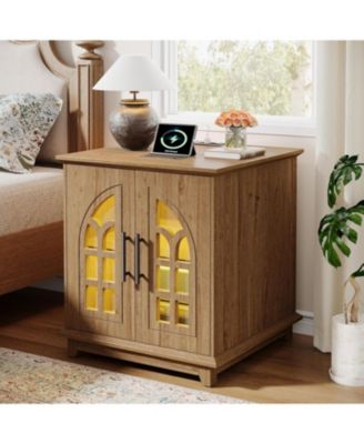 Large End Table with Charging Station & LED Light, 23.6" Square Sofa Side Table with Storage, Wooden Nightstand with Outlet