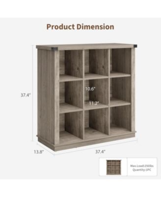 9-Cube Storage Organizer Bookcase, 37.4" Long Low 4-Tier Farmhouse Wood Shelf for Entryway & Living Room, Grey