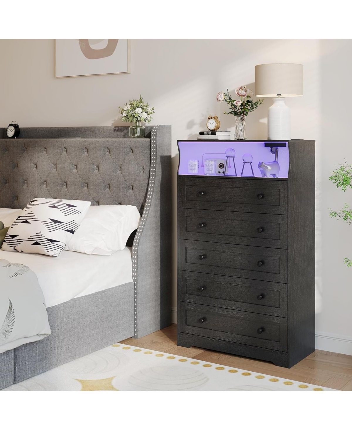 gaomon 5-Drawer Wooden Dresser with Led Lights & Charging Station, Modern Nightstand Chest for Bedroom, Black