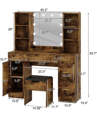 LED Lighted Vanity Desk with Mirror, Makeup Table with Adjustable Brightness and Open Shelves, Brown