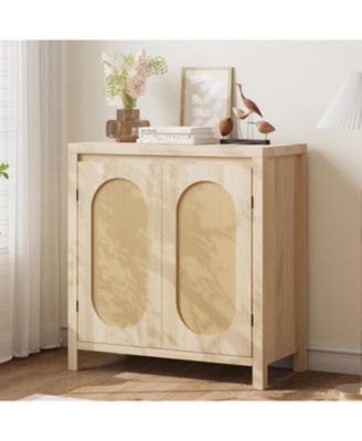Rattan Buffet Sideboard Cabinet, Kitchen Storage Cabinet with Doors for Hallway, Beige