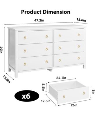 6-Drawer Wooden Dresser, 54" Wide Chest with Large Storage for Bedroom and Living Room