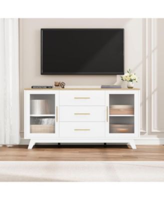 Modern Farmhouse Buffet Storage Cabinet with Glass Door, 56" Large Sideboard Cabinet with Door/3 Drawers/Adjustable Shelf