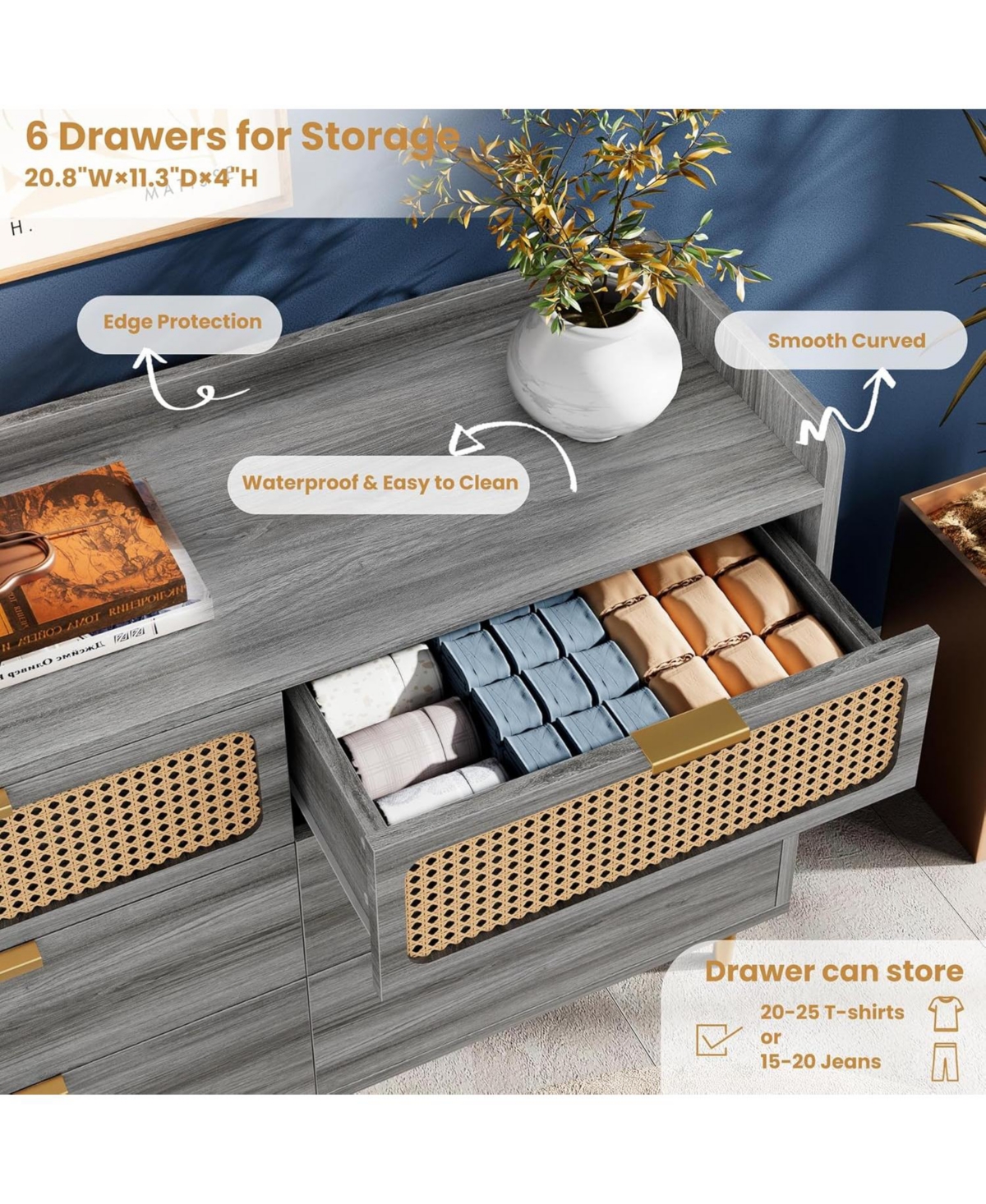 gaomon 6 Drawer Double Dresser for Bedroom, 47" Wide Modern Chest of Drawers, Wooden Storage Rattan Bedroom Living Room Hallway