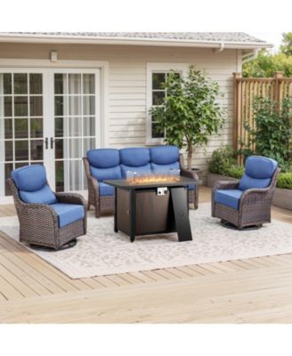 Crescent Brown Wicker Fire Pit Conversation Set with Olefin 6 In. Thick Cushions Patio Swivel Chairs (5-Piece)