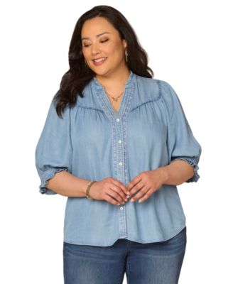Plus Size Below Elbow Cinched Band-Sleeve Button-Down Top