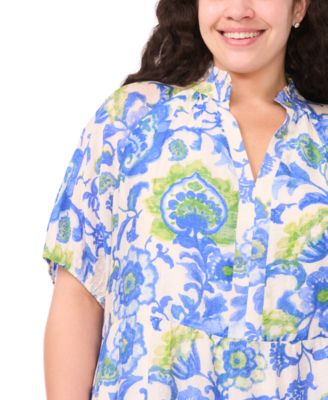 Plus Size Printed Puff-Sleeve Babydoll Dress