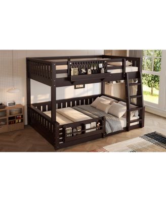 Full XL over Queen Bunk Bed with Ladder, Guardrails, Pegboard & Bookshelf, Espresso