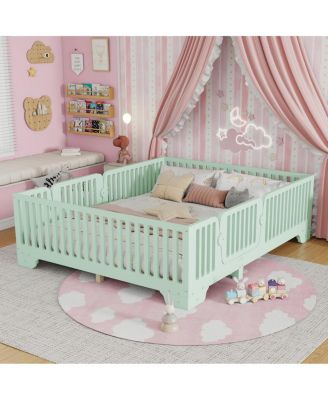 Full Montessori Floor Bed with Fence and Door, Mint Green