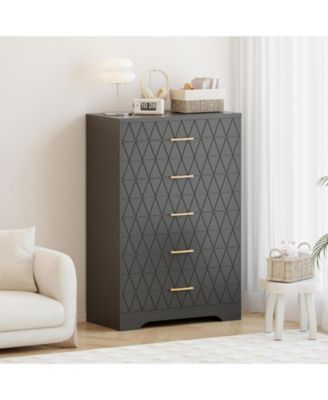 5-Drawer Tall Dresser for Bedroom, Wooden Chest of Drawers with Gold Handles for Closet Storage