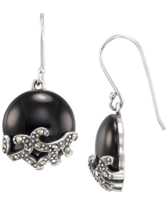 Marcasite (0.17 ct. t.w.) and Onyx (6 ct. t.w.) Dangle Earrings in Sterling Silver