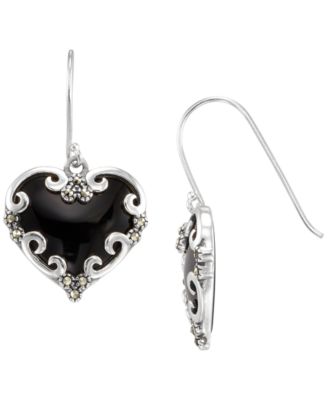 Marcasite (0.22 ct. t.w.) and Onyx (5 ct. t.w.) Drop Earrings in Sterling Silver