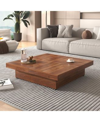 Square Veneer Coffee Table Sliding Top with Storage in Walnut 39.4"