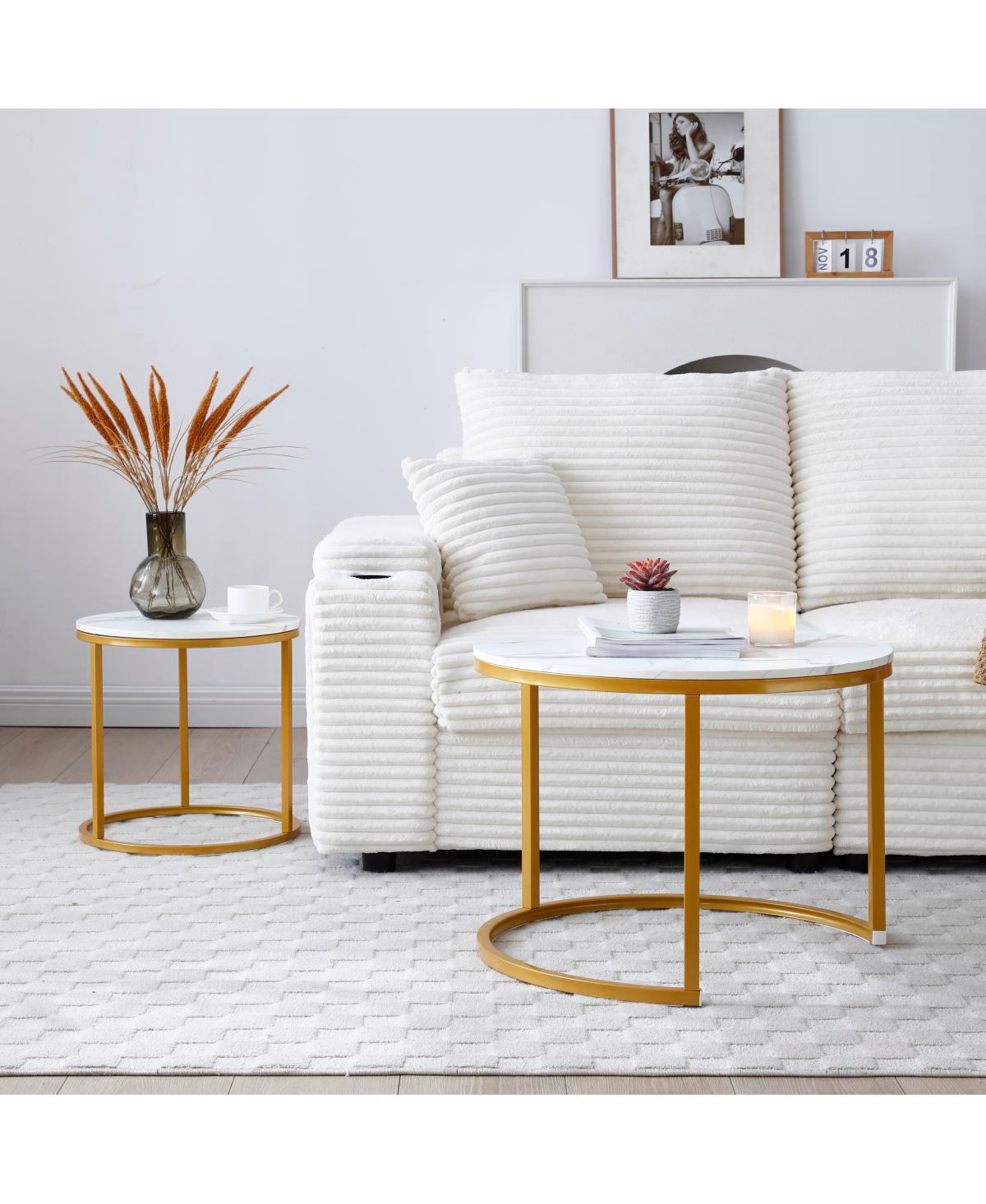 Streamdale Furniture Set of 2 Round Nesting Coffee Tables with Golden Frame