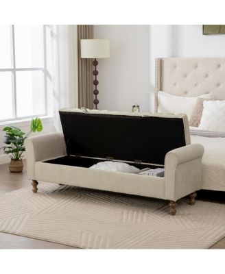  Modern Upholstered Storage Bench with Rolled Armrest, Griege