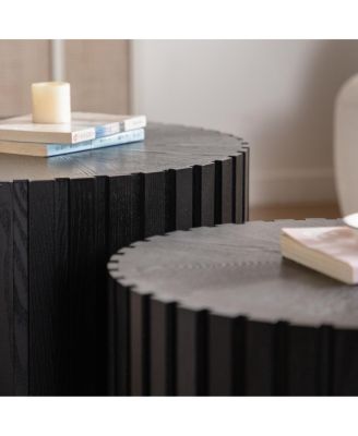 Set of 2 Black Fluted Coffee Table - Solid Wood & MDF Round Accent Tables