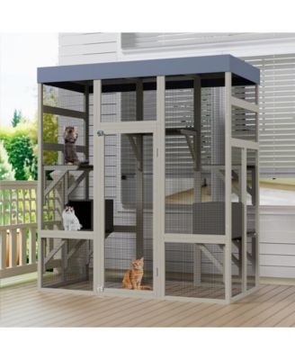 Gray Wooden Outdoor Catio with 2 Napping Boxes