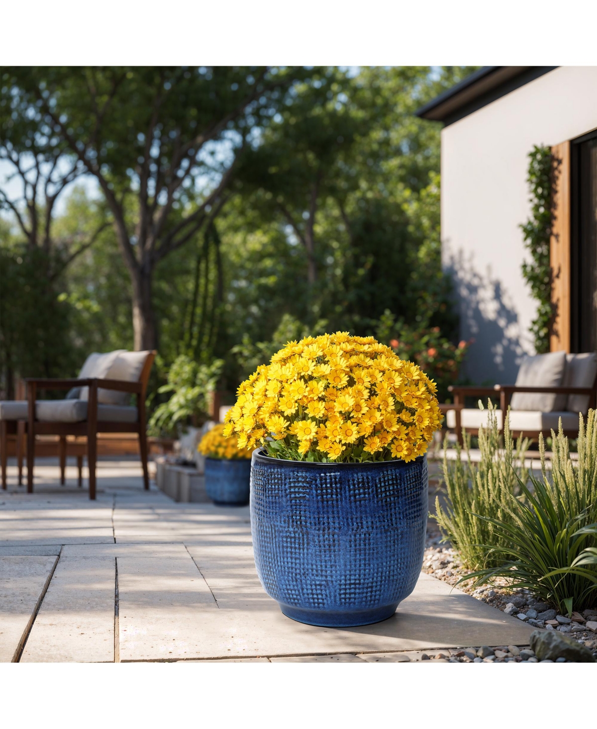 LuxenHome 12-Inch Round Ceramic Planter, Deep Blue Glaze with Basket Texture