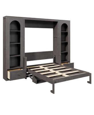 Queen Size Murphy Platform Bed with Shelf, Side Cabinets, Drawers and LED