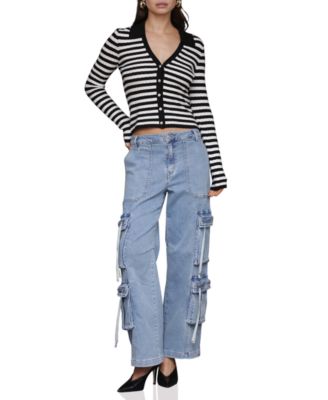 Women's Stripe Polo Long-Sleeve Cardigan Sweater