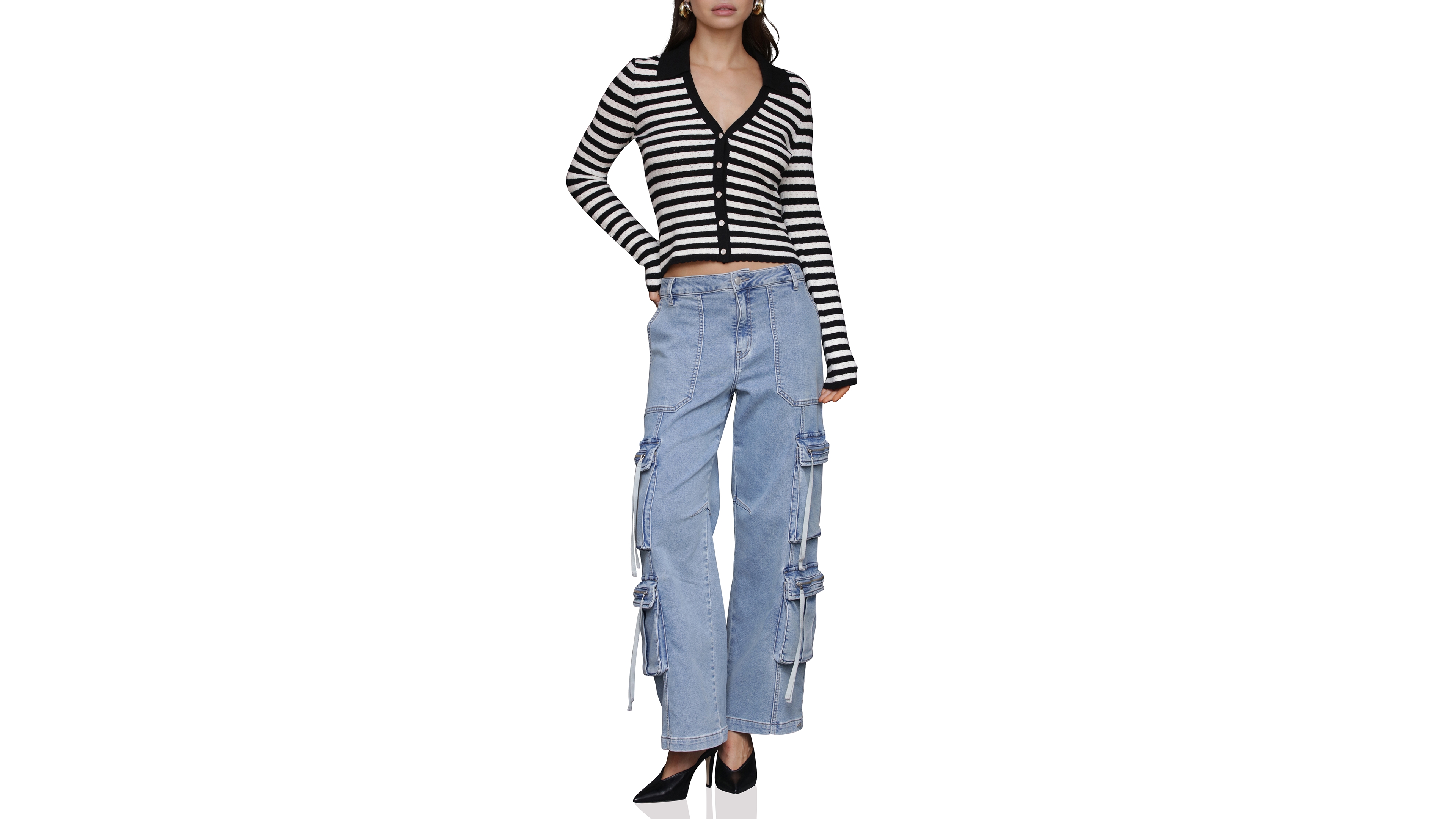 Avec Les Filles Women's Stripe Polo Long-Sleeve Cardigan Sweater