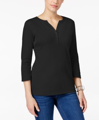 Karen Scott - Three-Quarter-Sleeve Henley-Neck Top