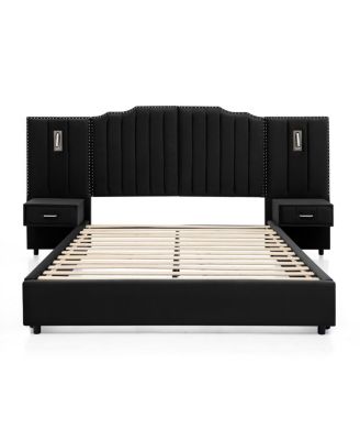 Queen Size Velvet Upholstered Bed Frame with Vertical Stripes