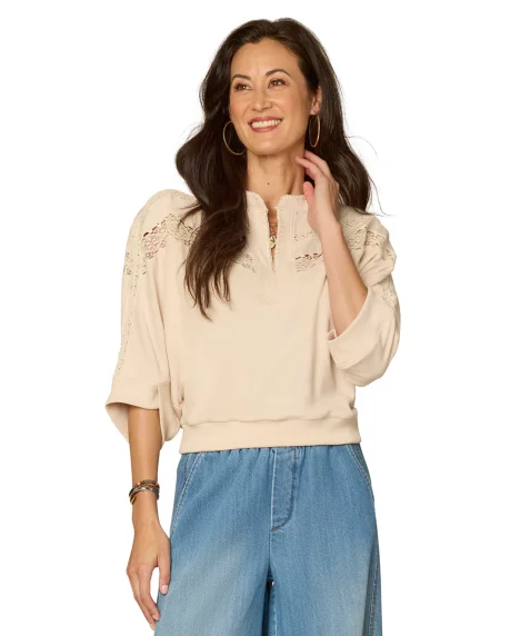 Petite Mandarin Collar Embroidered Knit Top - Birch