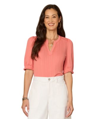 Petite Elbow Puff Sleeve Mandarin Collar Knit Top