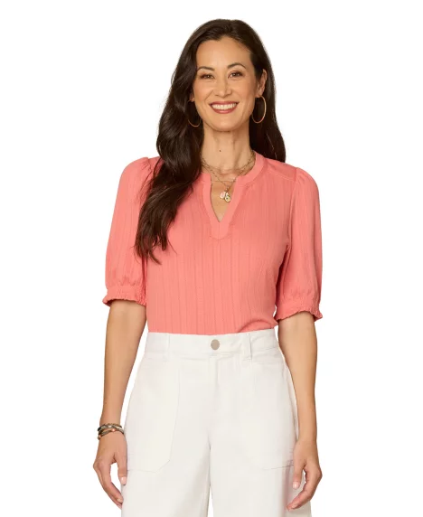 Petite Elbow Puff Sleeve Mandarin Collar Knit Top - Vintage Coral