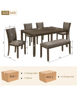 6-Piece Farmhouse Rustic Dining Table Set with Bench and Chairs, Dark Walnut