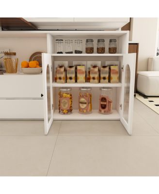  Kitchen Island with Extendable Rotating Table, Walnut Veneer, 4 Drawers, Glass Cabinets