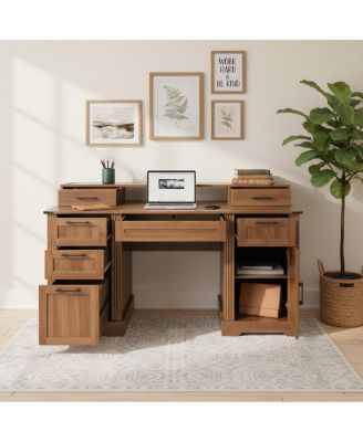  59" Farmhouse Office Desk with Charging Station & Storage Cabinet, Barn Door Design
