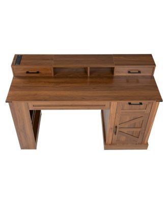 55" Farmhouse Office Desk with Storage, Barn Door Design, Keyboard Tray, Monitor Stand