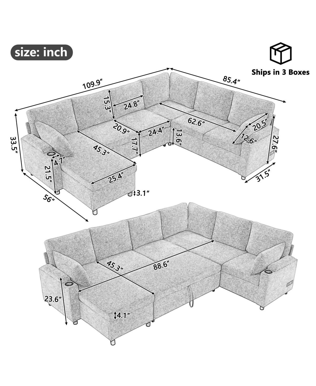 Lovmor Beige/Grey 110 Inch U shaped Sectional Sofa Bed with Storage Cup Holders Charging Ports