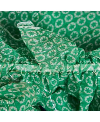 Women's Green Stars Print Lurex Georgette Ruffled Top