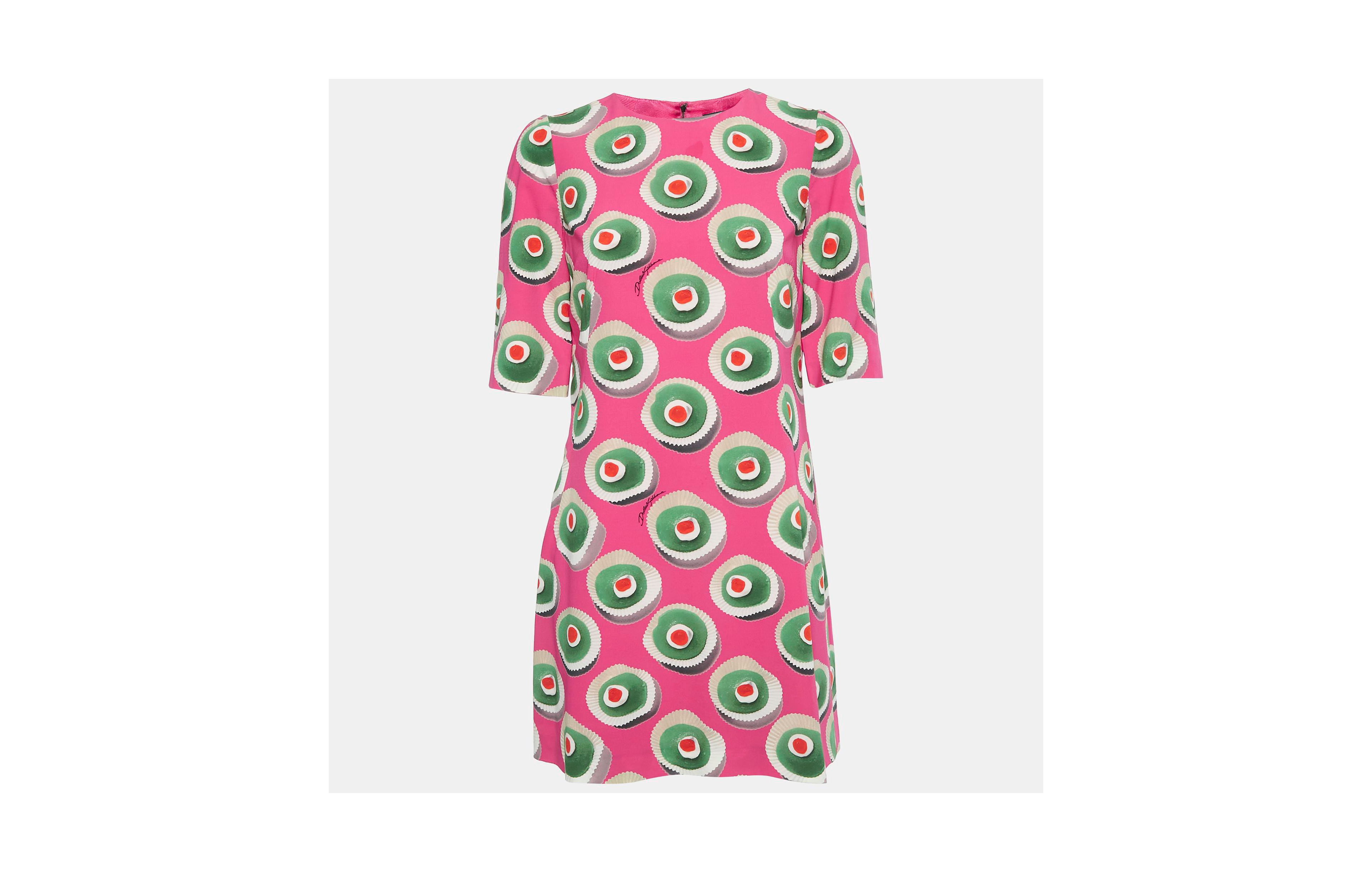 Pre-Owned Dolce & Gabbana Women's Pink Sicily Cupcake Print Silk Mini Dress