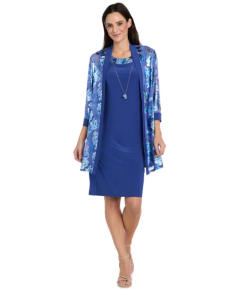 Petite Foil Jacket & Dress, 2-Piece Set - Indigo