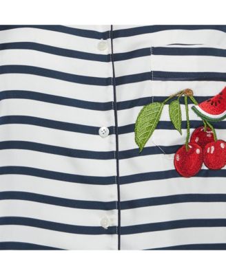 Women's Ivory Striped Silk Short Sleeve Shirt