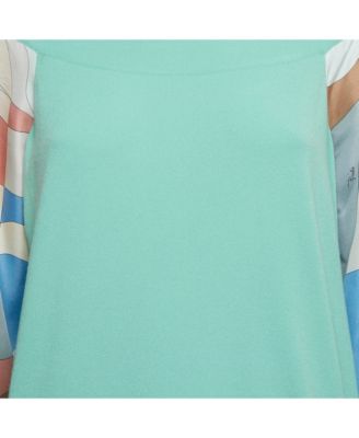 Women's Green Knit &silk Printed Trim Detail Top