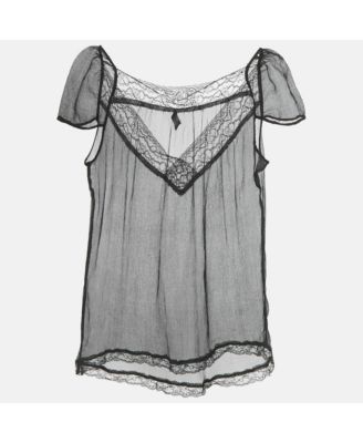 Women's Black Silk Chiffon Lace Trim Sheer Top