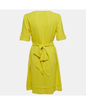 Women's Yellow Silk Puff Sleeve Pleated Mini Dress