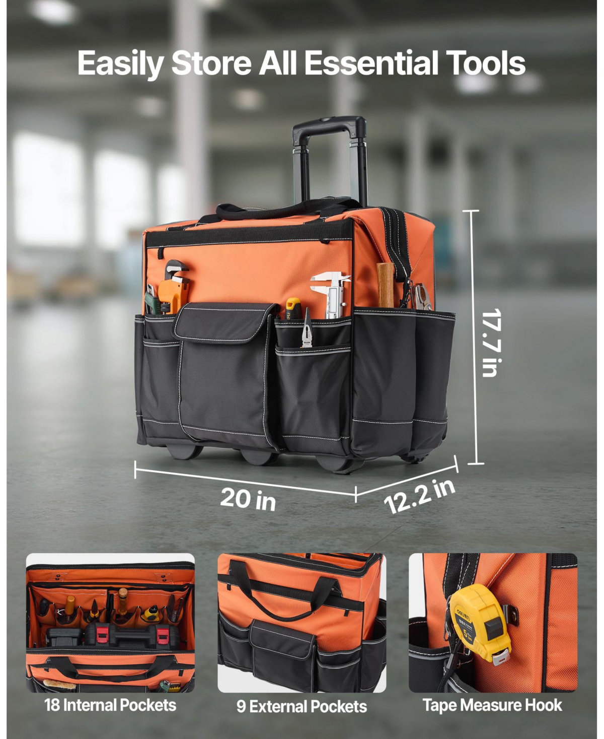 Mecale Rolling Tool Bag on Wheels, 110 lb Capacity, 27 Pockets Heavy-Duty Tool Organizer, Telescoping Handle, Stable Base