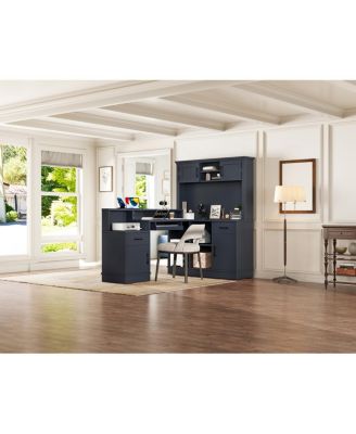 L-Shaped Computer Desk with Outlet, Drawers, Bookshelf, Blue