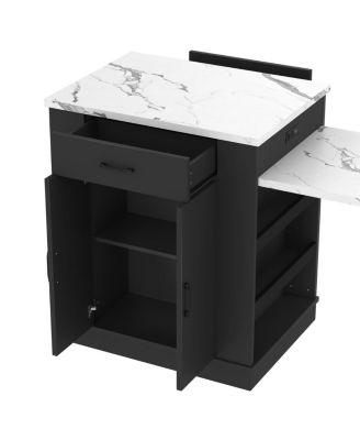 Extendable island console with drawers, cabinet, shelving, dining table, breakfast bar
