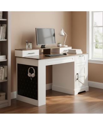 55" Farmhouse Office Desk with Storage, Barn Door Design, Keyboard Tray, Monitor Stand, White